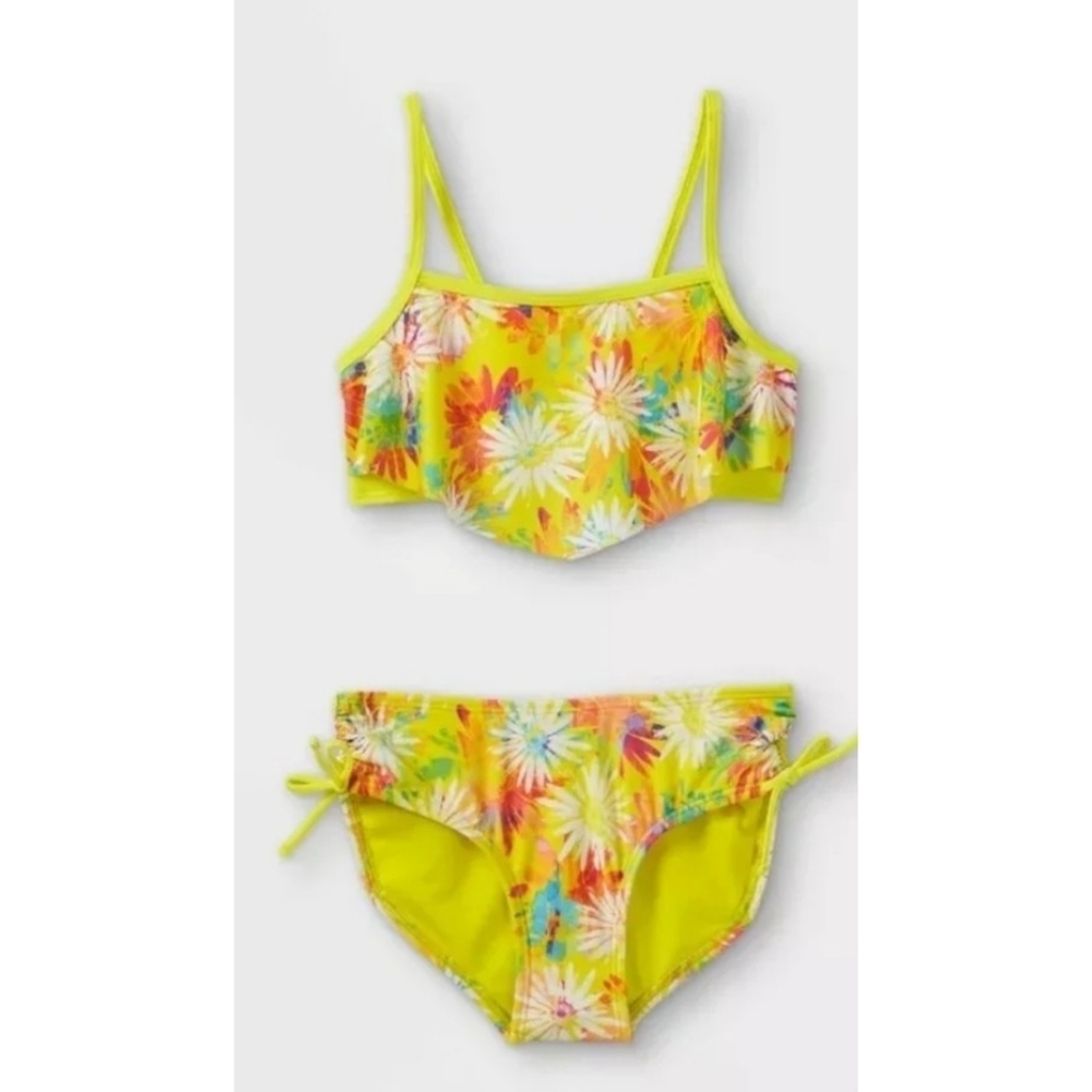Cat & Jack Daisy Print Flounce 2 piece Bikini set Neon Yellow Size XS (4/5)